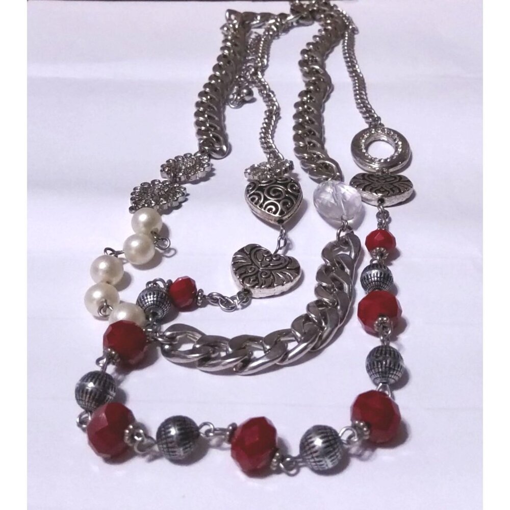 Multi-Layered Silver-Tone Necklace With Red & Pearl Beads Heart Charms & Rhinest